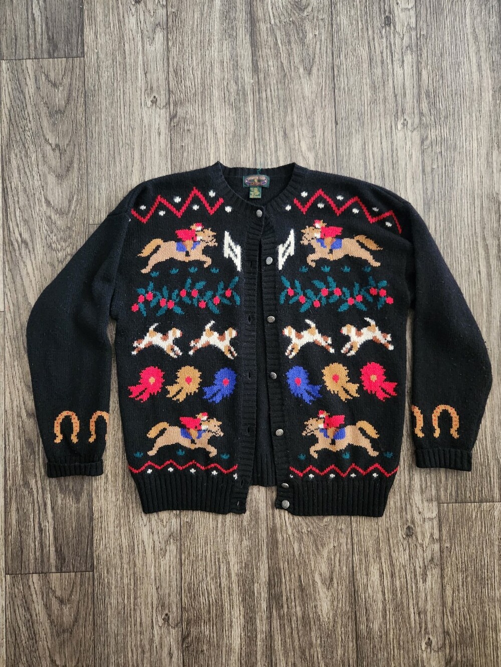 Vintage Charter Club Wool Horse Equestrian Novelty Black Cardigan Sweater Size L